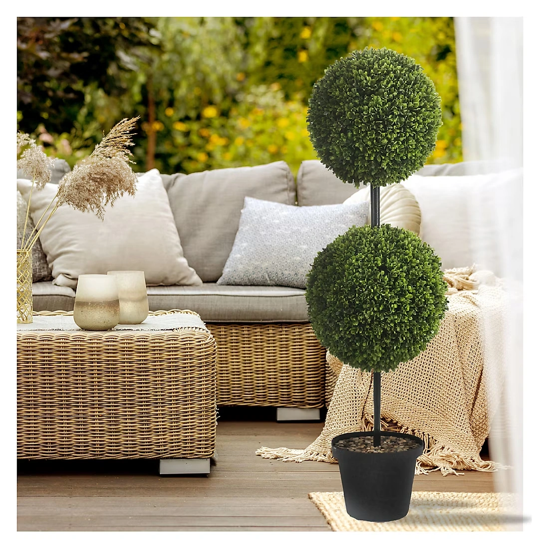 46\" Double Ball UV Coated Boxwood Topiary with Pot
