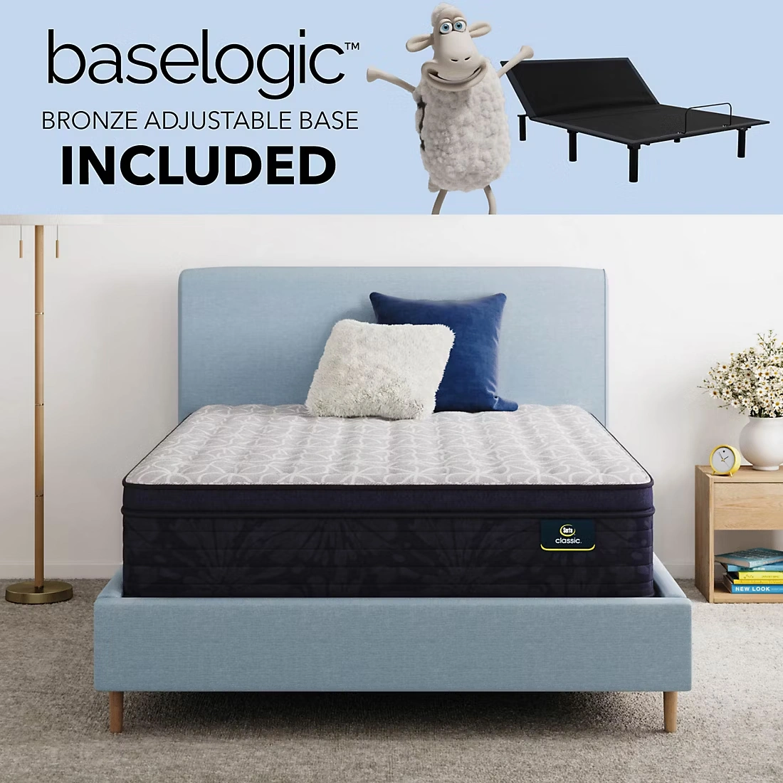 Serta Clarks Hill 14.5\" Plush Pillow Top Mattress & Baselogic Bronze Motion Base Set (Select Size)
