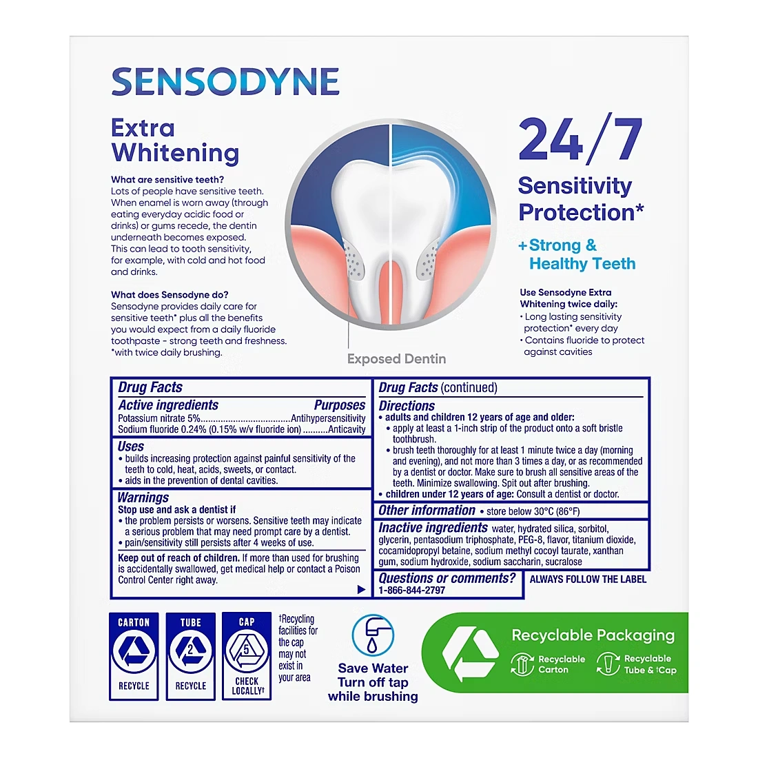 Sensodyne Extra Whitening Fluoride Toothpaste for Sensitive Teeth, 4 ct.
