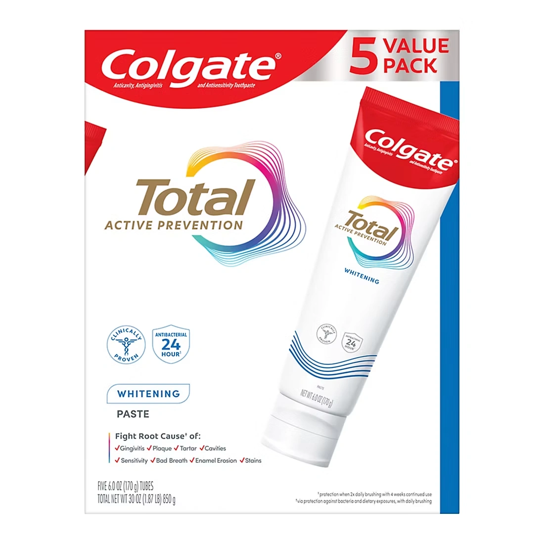 Colgate Total Active Prevention Whitening Toothpaste, Mint, 5 pk./6.0 oz.