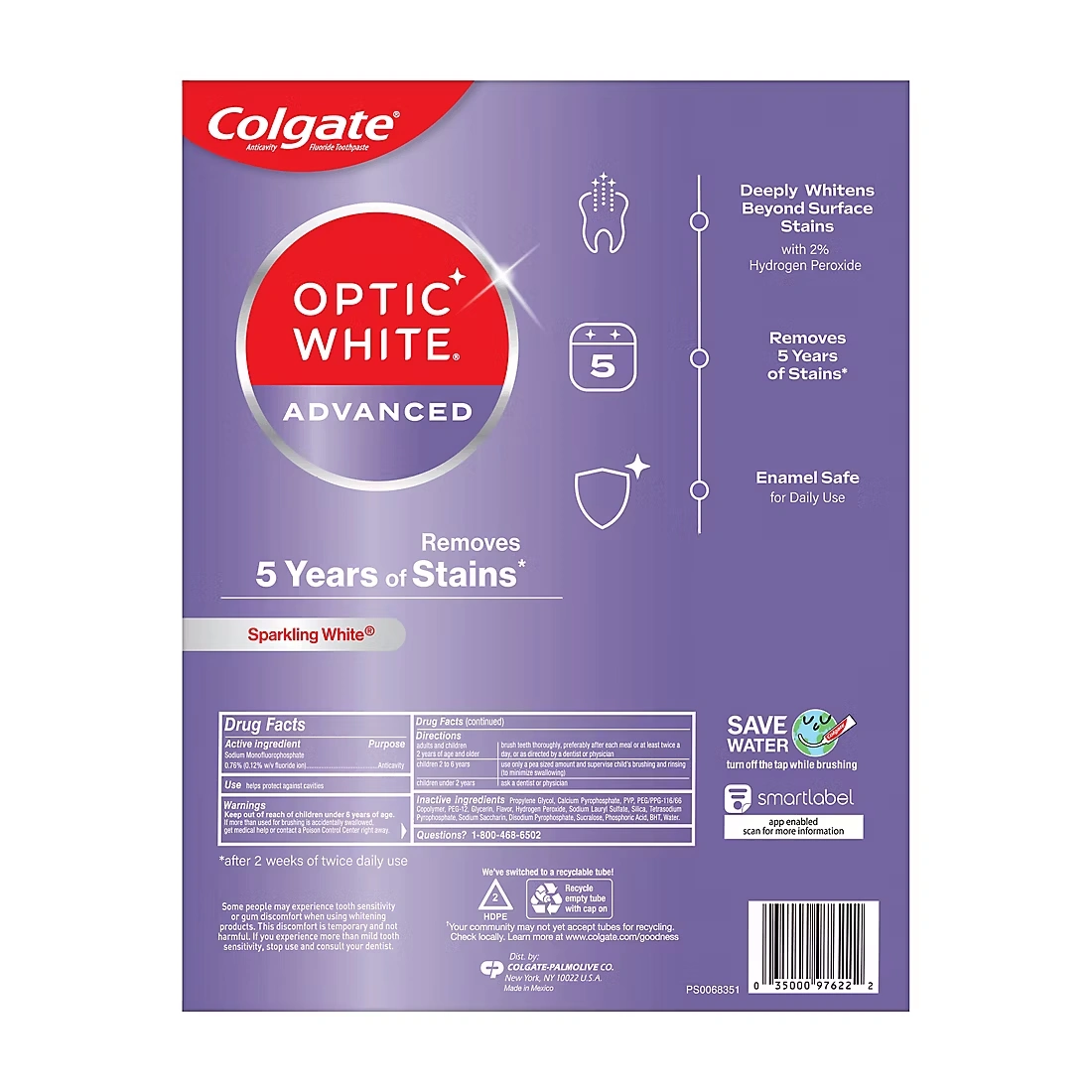 Colgate Optic White Advanced Hydrogen Peroxide Toothpaste 5 pk./4.2 oz. - Sparkling White