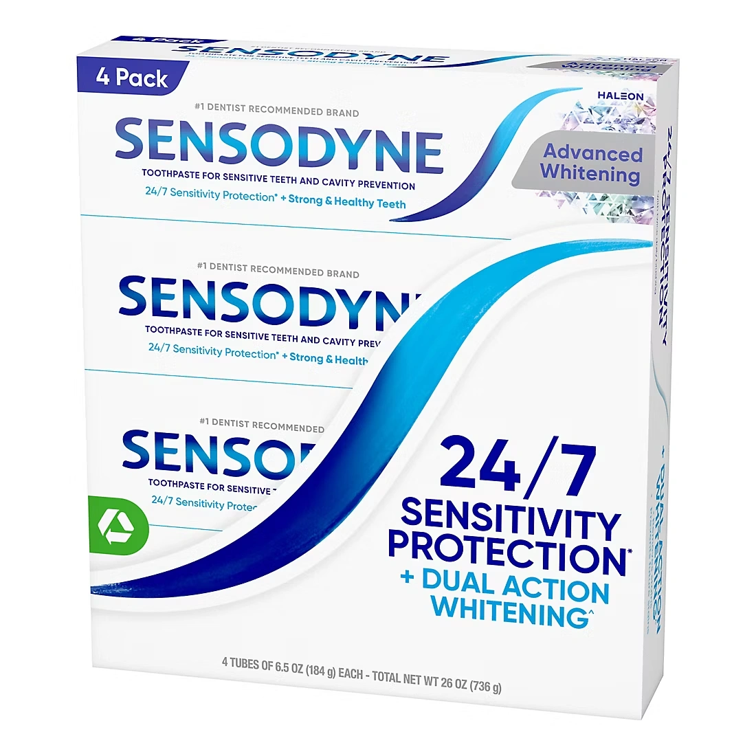 Sensodyne Advanced Whitening Toothpaste, For Sensitive Teeth and Cavity Protection, 4 pk./6.5 oz.