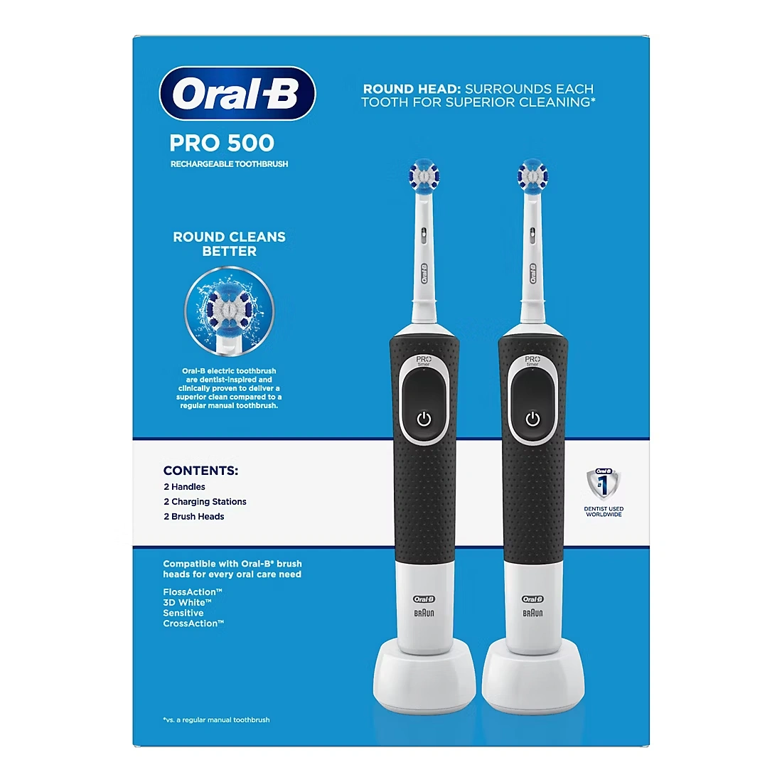 Oral-B Pro 500 Precision Clean Electric Rechargeable Toothbrush, 2 ct.