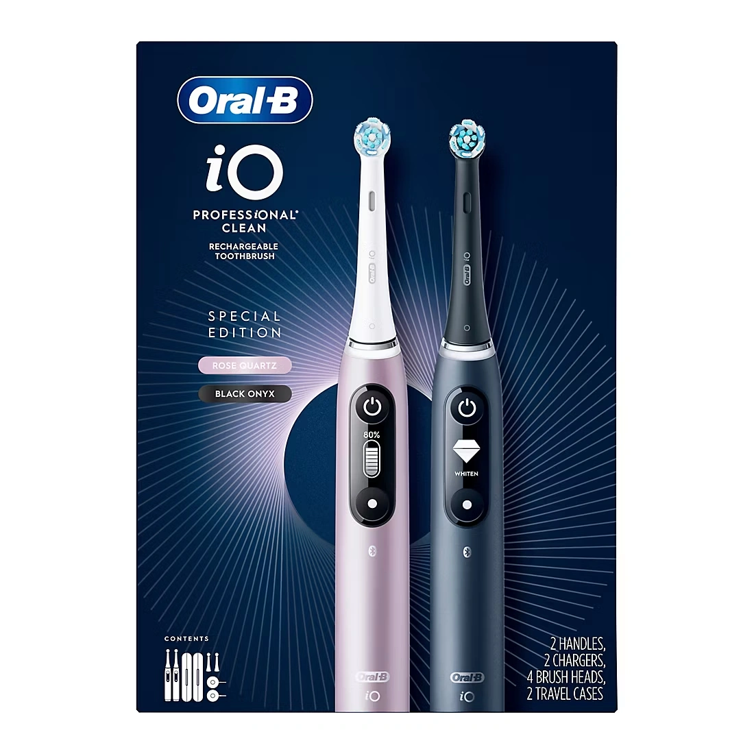 Oral-B iO Series 7s Electric Toothbrush, 4 Replacement Brush Heads, Black Onyx & Rose Quartz, 2 pk.