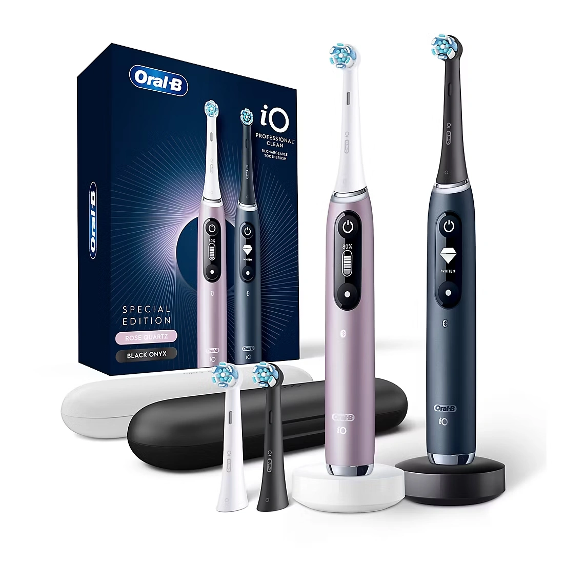 Oral-B iO Series 7s Electric Toothbrush, 4 Replacement Brush Heads, Black Onyx & Rose Quartz, 2 pk.