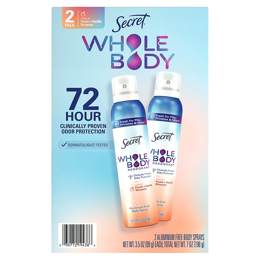 Secret Whole Body Aluminum Free Body Spray Deodorant For Women, Peach & Vanilla, 2 pk./3.5 oz.