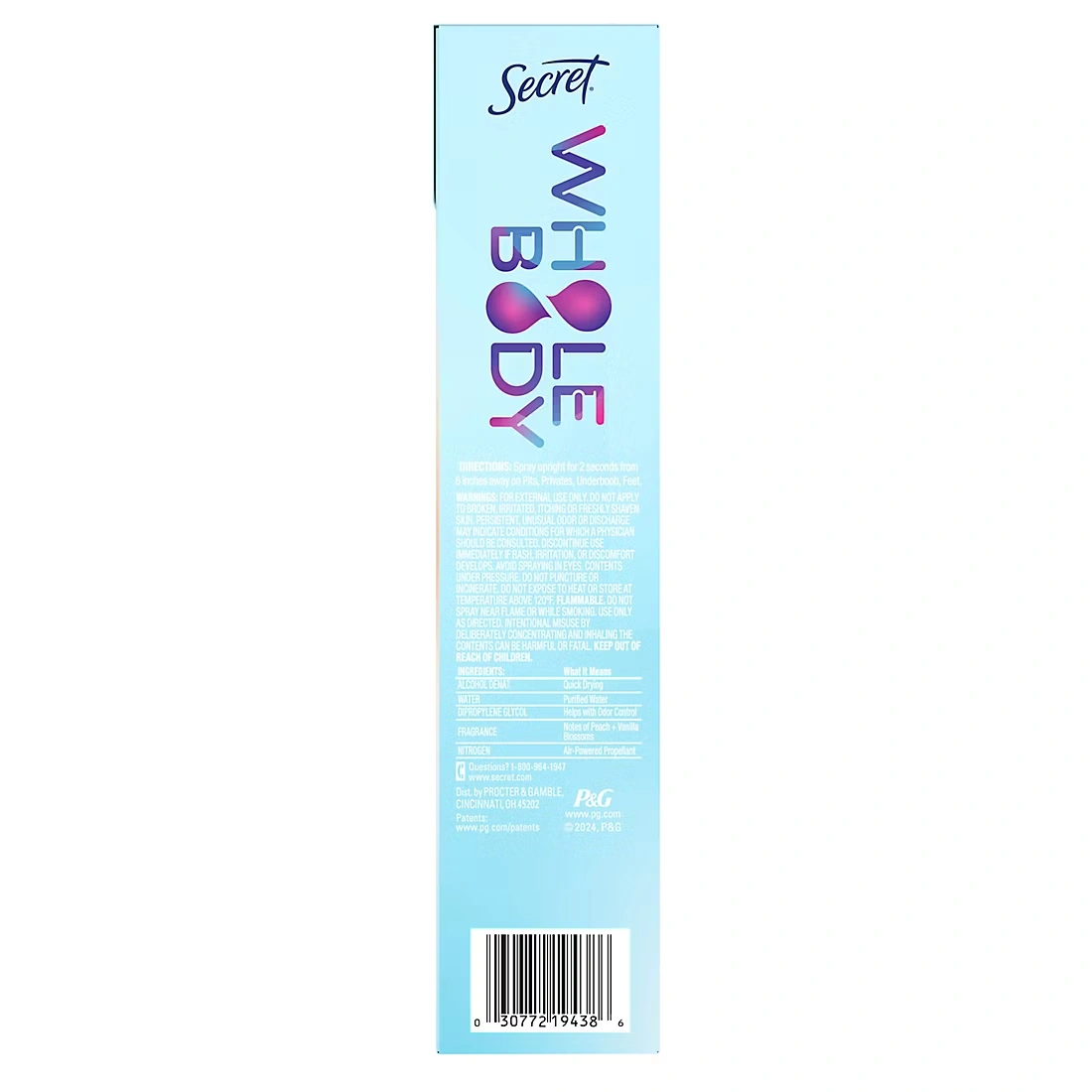 Secret Whole Body Aluminum Free Body Spray Deodorant For Women, Peach & Vanilla, 2 pk./3.5 oz.