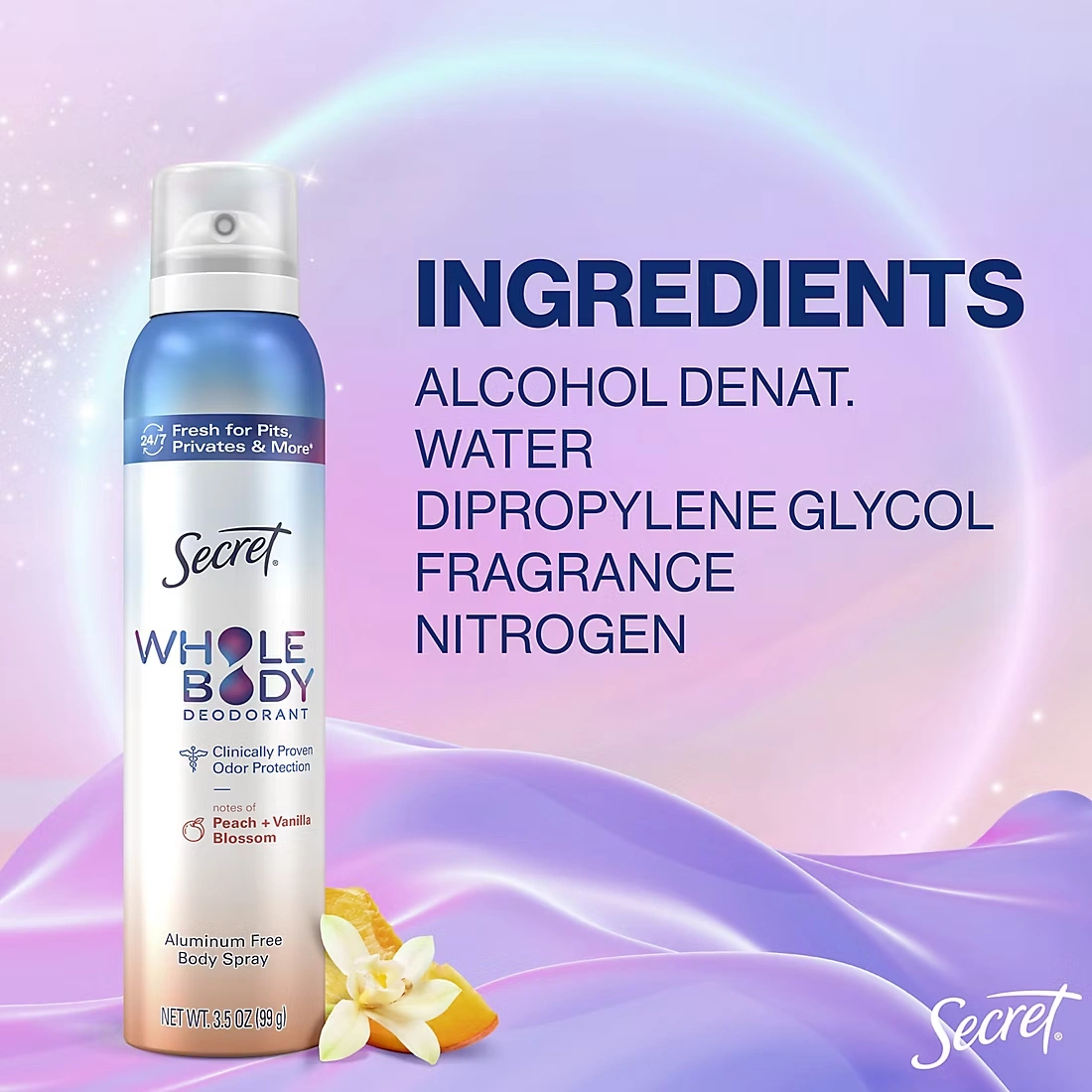 Secret Whole Body Aluminum Free Body Spray Deodorant For Women, Peach & Vanilla, 2 pk./3.5 oz.