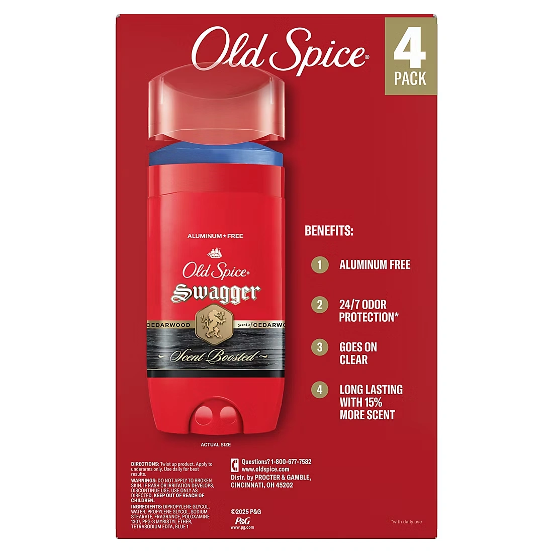 Old Spice Aluminum Free Deodorant for Men, Swagger, 24/7 Odor Protection, 4 pk./3 oz.