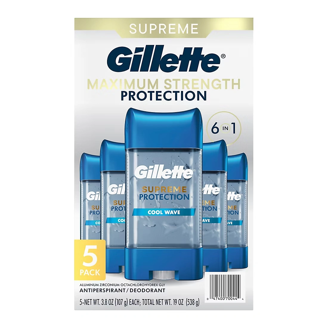 Gillette Clear Gel Antiperspirant and Deodorant for Men, Supreme Protection, Cool Wave, 5 pk./3.8 oz.