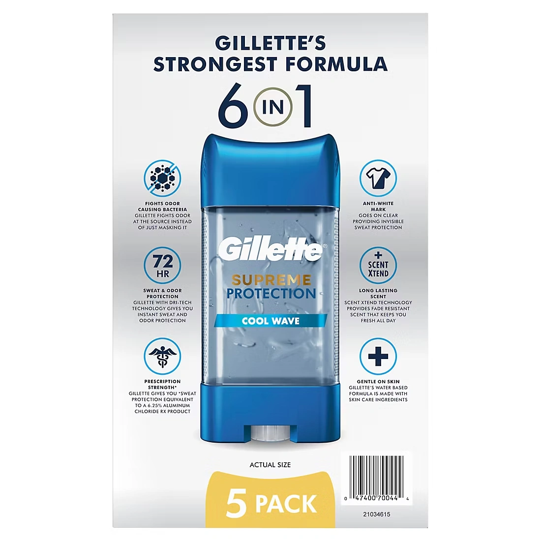Gillette Clear Gel Antiperspirant and Deodorant for Men, Supreme Protection, Cool Wave, 5 pk./3.8 oz.