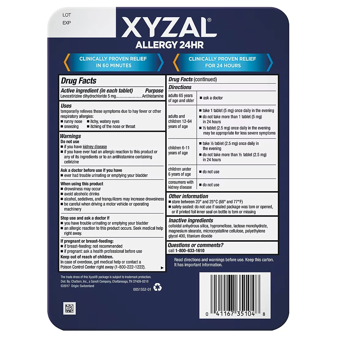 Xyzal Allergy 24 Hour Antihistamine 5 mg., 110 ct.