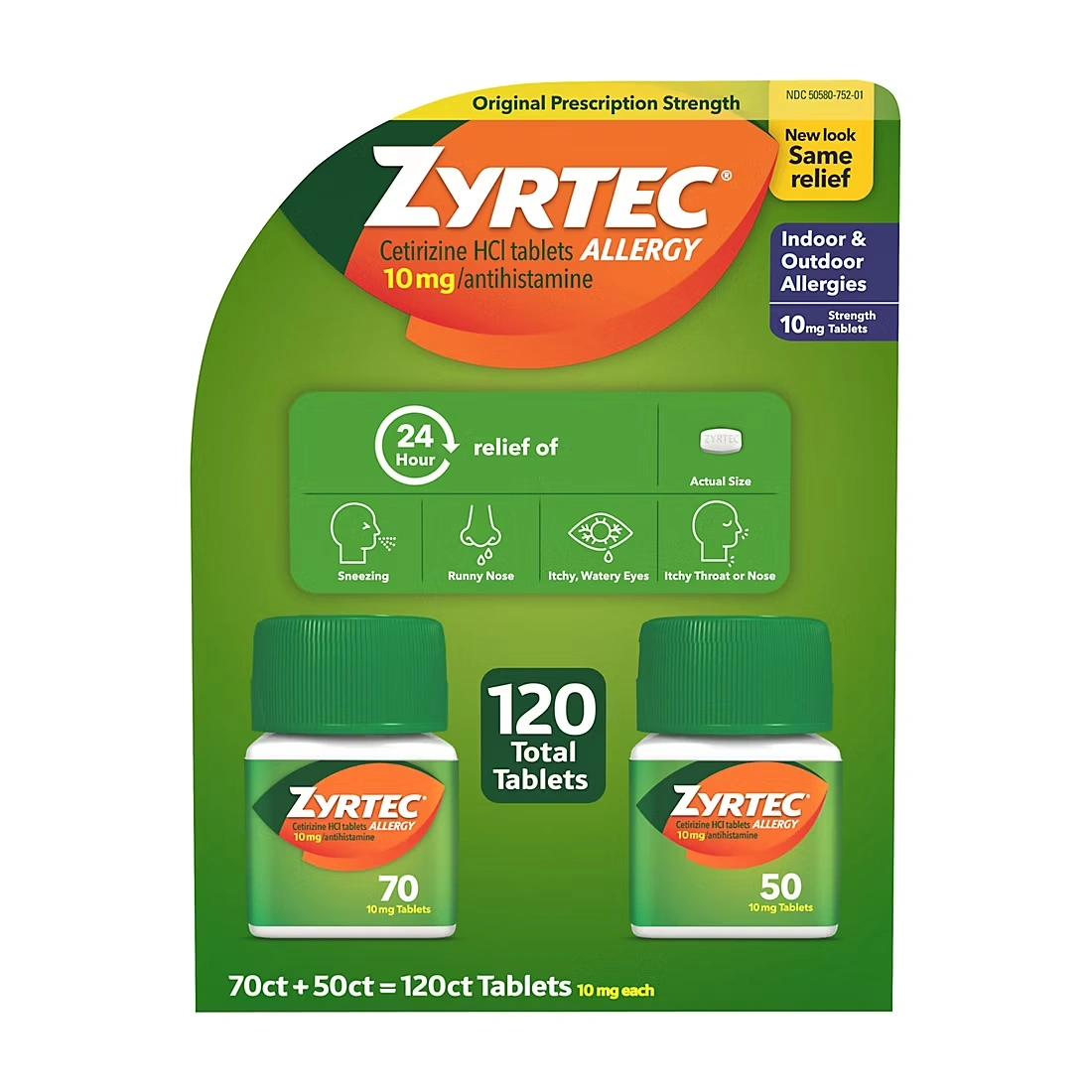 Zyrtec 24 Hour Allergy Relief Tablets with 10mg Cetirizine HCl, 120 ct.