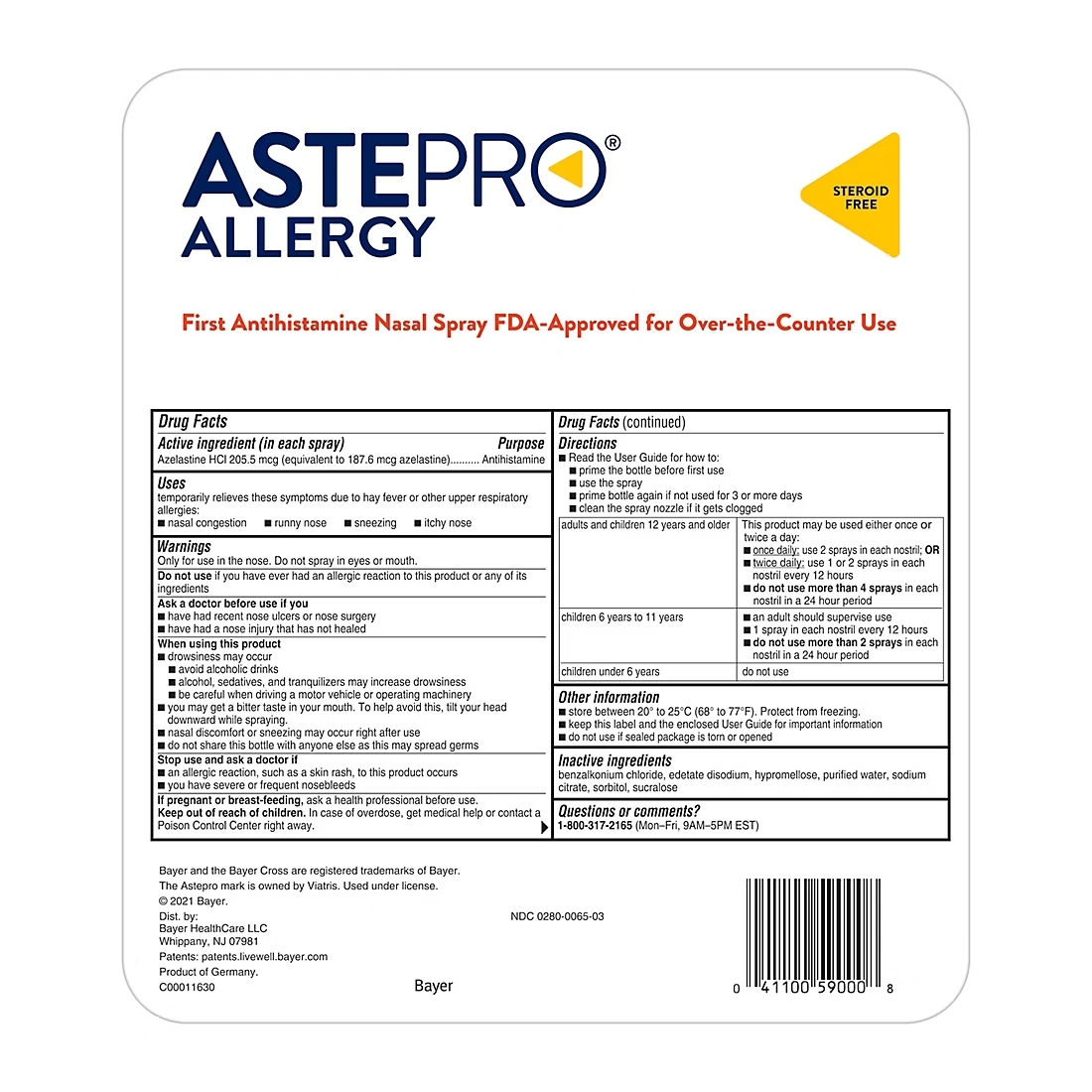 Astepro Allergy Steroid Free Antihistamine Nasal Spray, 3 pk.