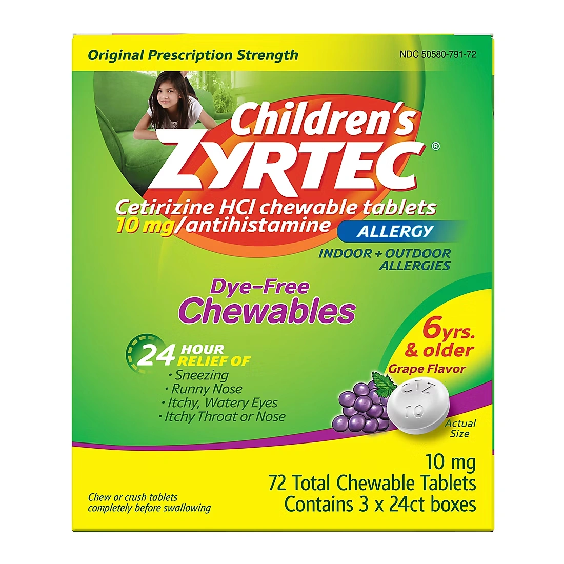 Children's Zyrtec Dye-Free Chewable Tablets, Cetirizine, Dye-Free, Grape, 72 ct.