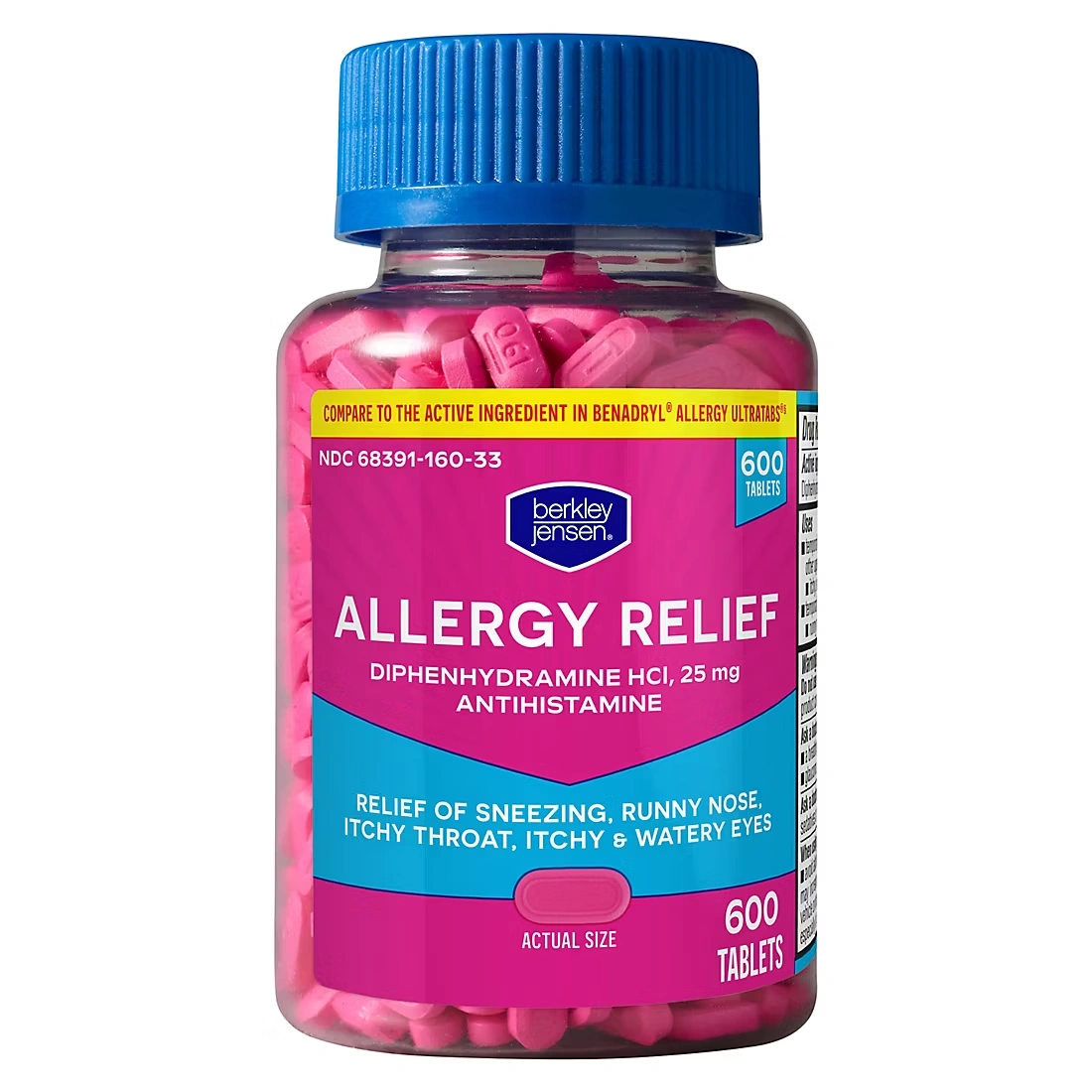 Berkley Jensen 25mg Diphenhydramine Hydrochloride Antihistamine Tablets, 600 ct.