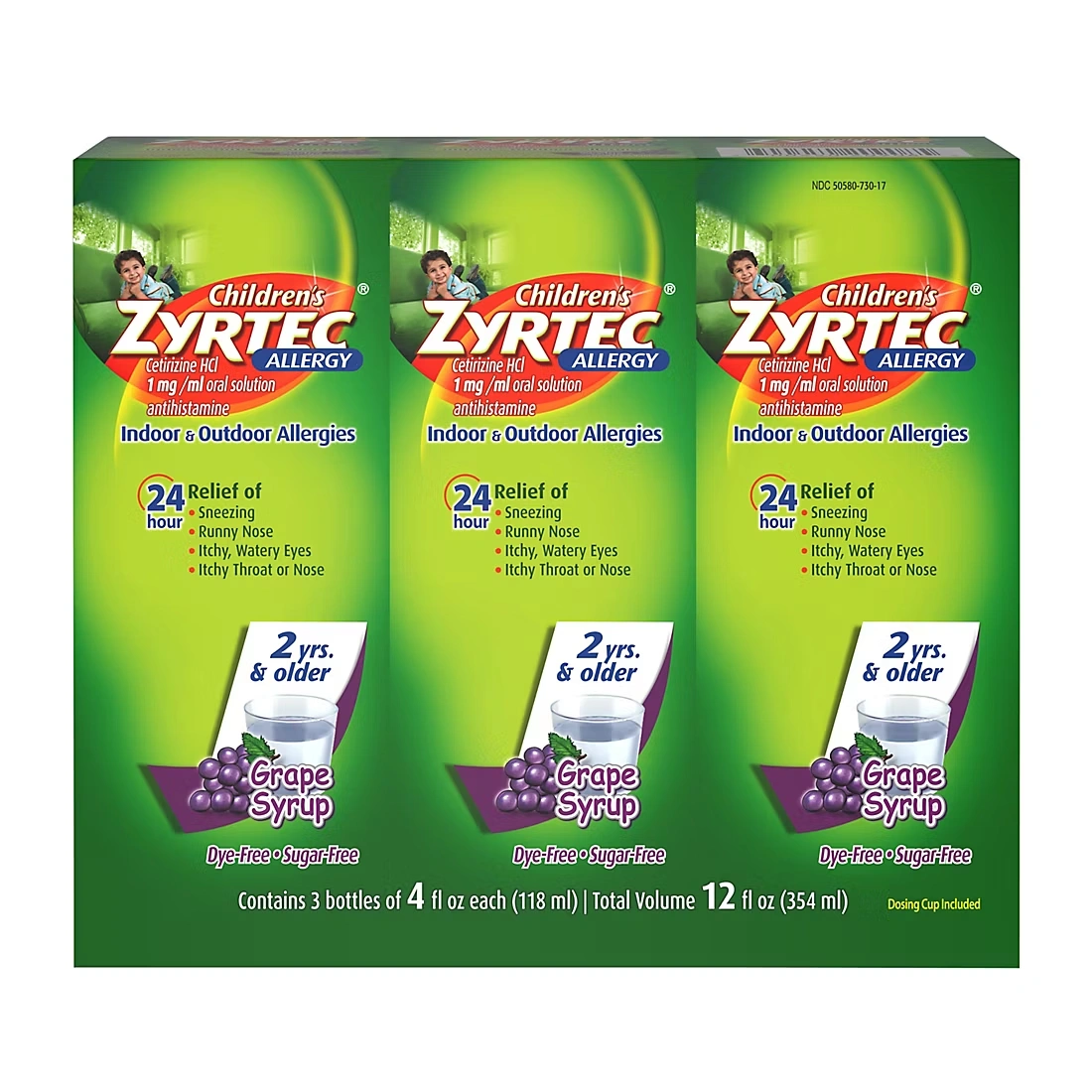 Zyrtec Children's 24 Hour Allergy Relief Grape Syrup, 3 ct./4 fl. oz. 1 Zyrtec Children's 24 Hour Allergy Relief Grape Syrup, 3 ct./4 fl. oz.