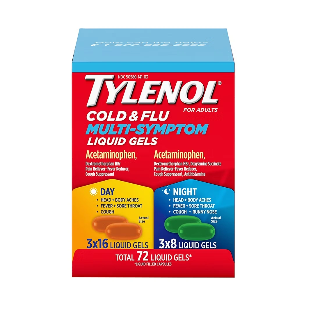 Tylenol Cold + Flu Multi-Symptom Liquid Gels, Day/Night, 72 ct.