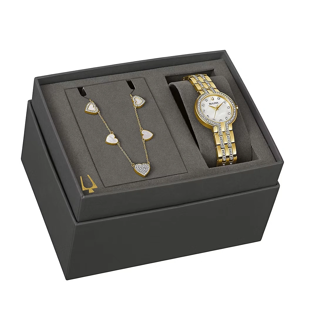 Bulova Womens Crystal Collection Goldtone Stainless Crystal Accent Watch & Crystal Heart Necklace Box Set