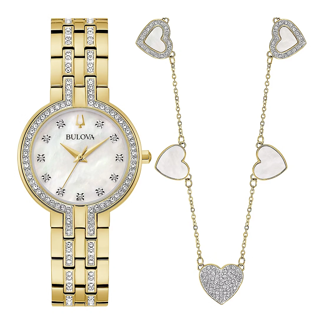Bulova Womens Crystal Collection Goldtone Stainless Crystal Accent Watch & Crystal Heart Necklace Box Set