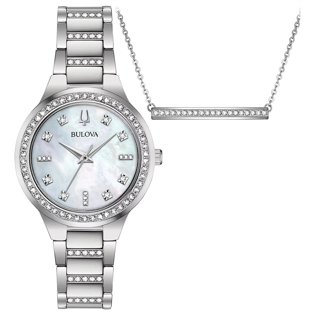 Bulova Womens Crystal Collection Stainless Crystal Accent Watch & Crystal Necklace Box Set