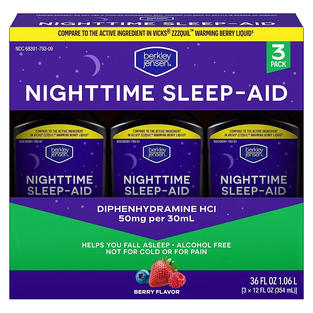 Berkley Jensen Night Time Sleep Aid Diphenhydramine HCl 50mg Liquid, 3 pk./12 fl. oz.
