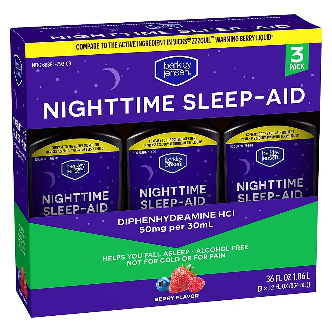Berkley Jensen Night Time Sleep Aid Diphenhydramine HCl 50mg Liquid, 3 pk./12 fl. oz.