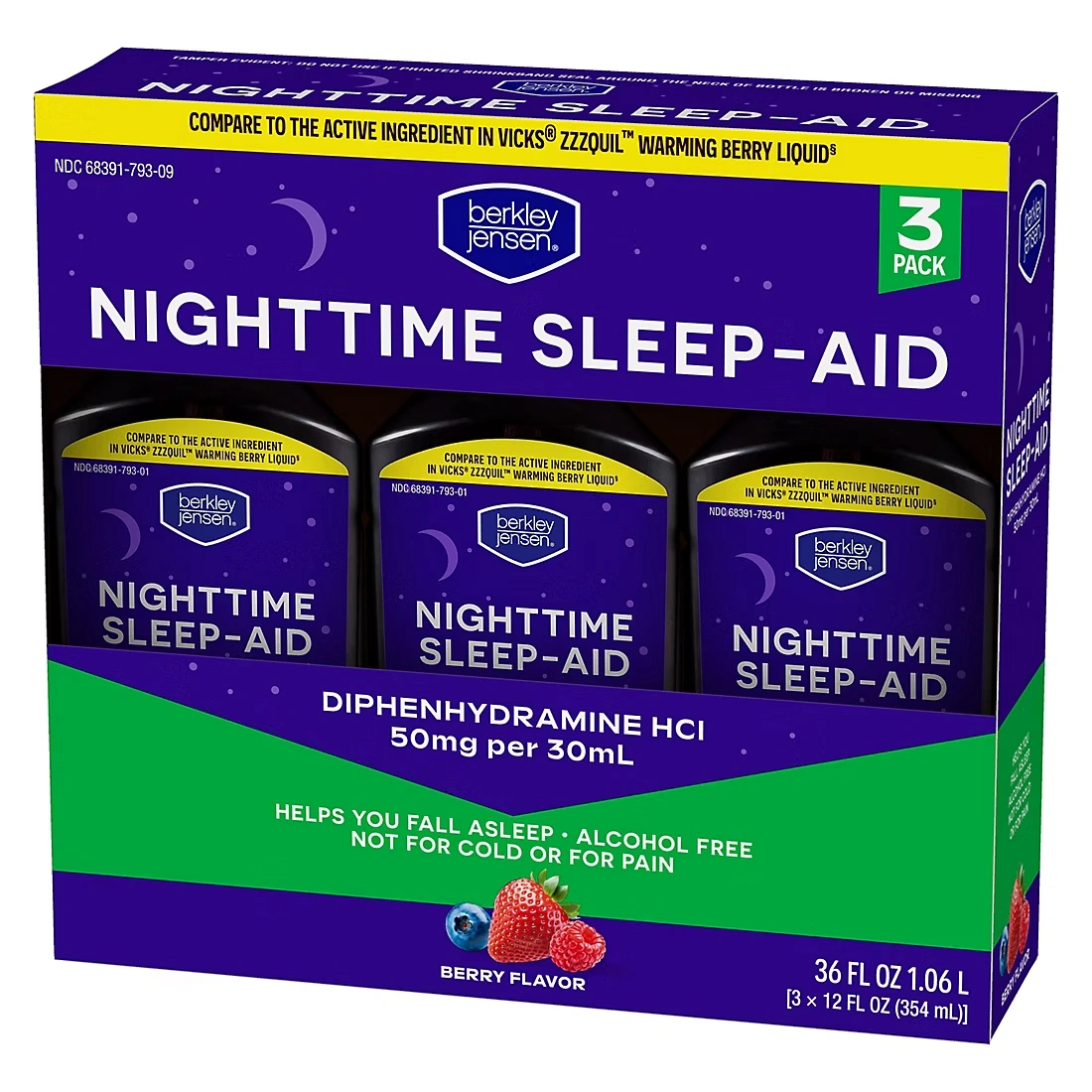 Berkley Jensen Night Time Sleep Aid Diphenhydramine HCl 50mg Liquid, 3 pk./12 fl. oz.