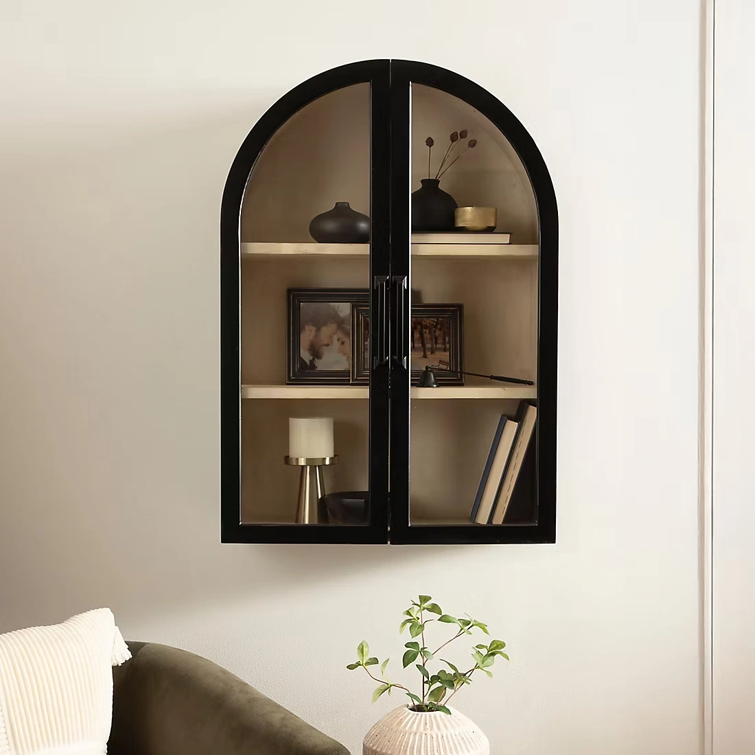 Kate and Laurel Arcott Modern Arch Wall Cabinet - Natural Wood and Black