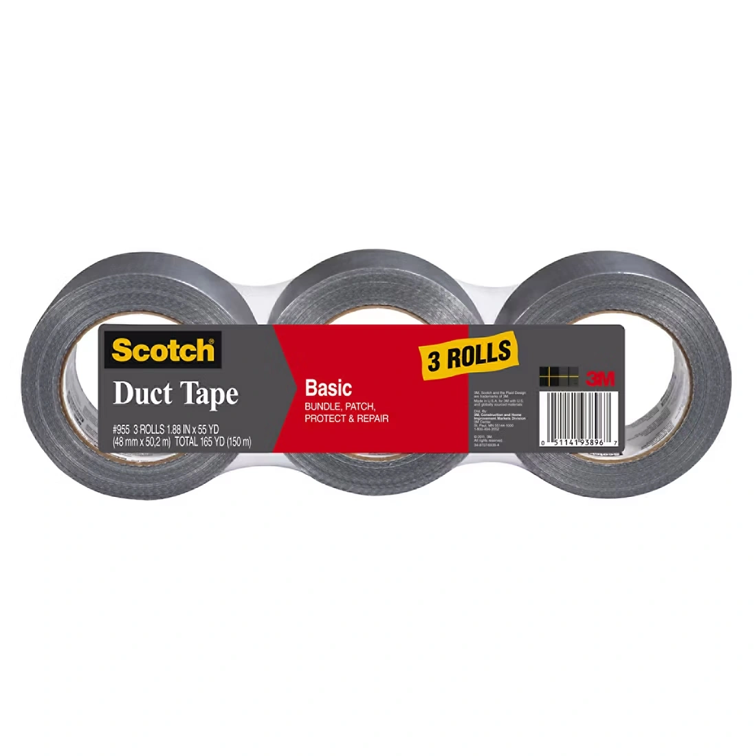 Scotch Basic Duct Tape with 1 19/50\" Core, 1 19/50\" x 1,980\", 3 pk. - Silver