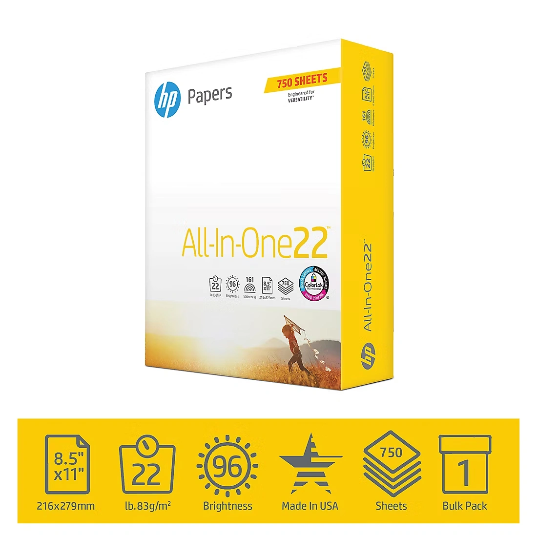 HP All-In-One Printing Paper, 96 Brightness, 22 lb., Letter, 1 Ream, 750 Sheets