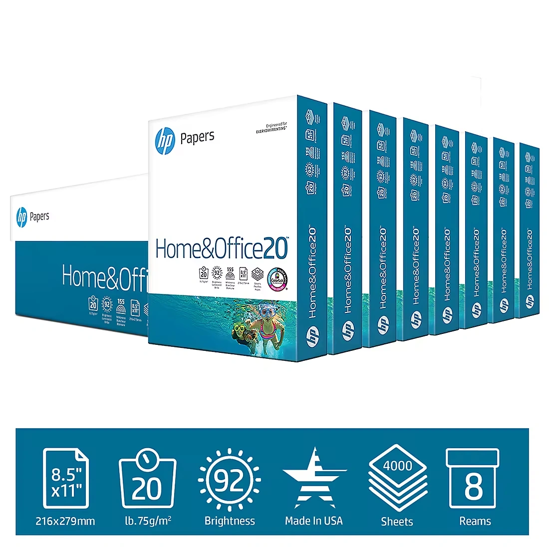 HP Home & Office Copy Paper, 92 Brightness, 20 lb., 8 1/2\" x 11\", 8 Reams, 4,000 Sheets/Carton