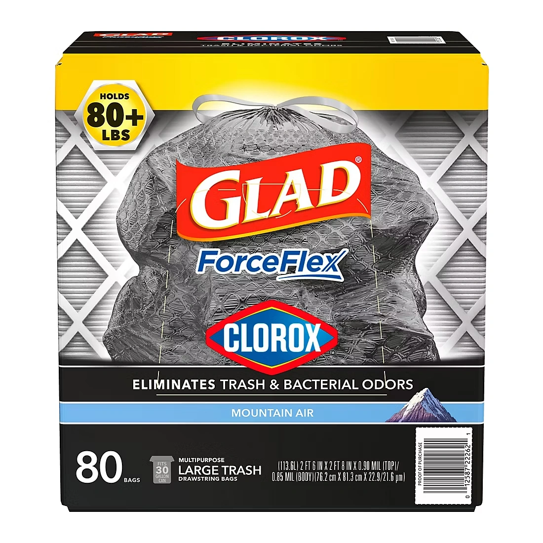 Glad ForceFlex with Clorox Large Trash Bags - Mountain Air Scent, 80 ct./30 gal.