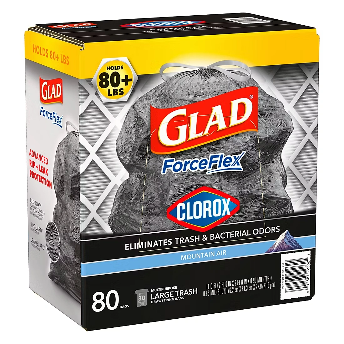 Glad ForceFlex with Clorox Large Trash Bags - Mountain Air Scent, 80 ct./30 gal.