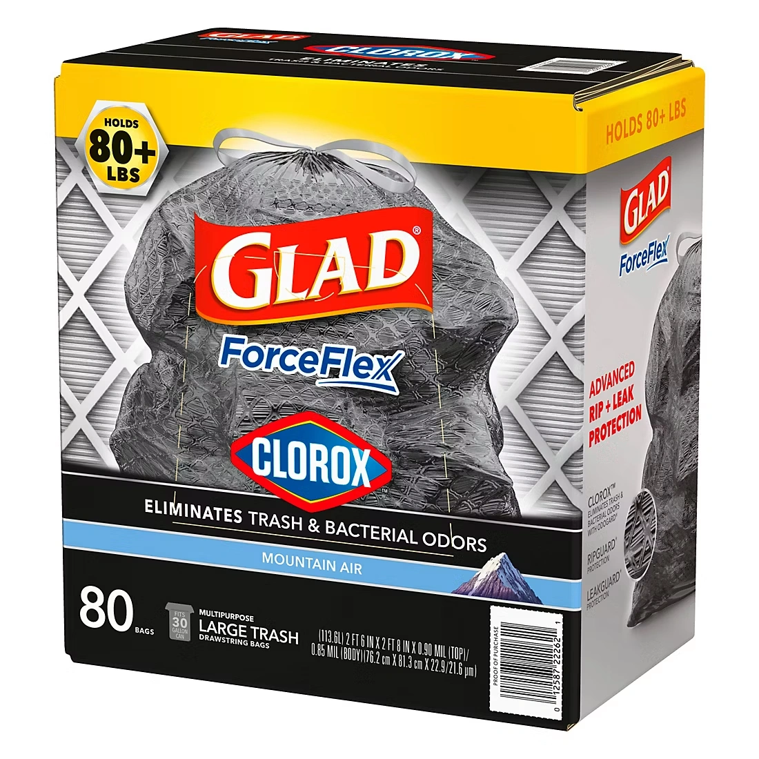 Glad ForceFlex with Clorox Large Trash Bags - Mountain Air Scent, 80 ct./30 gal.
