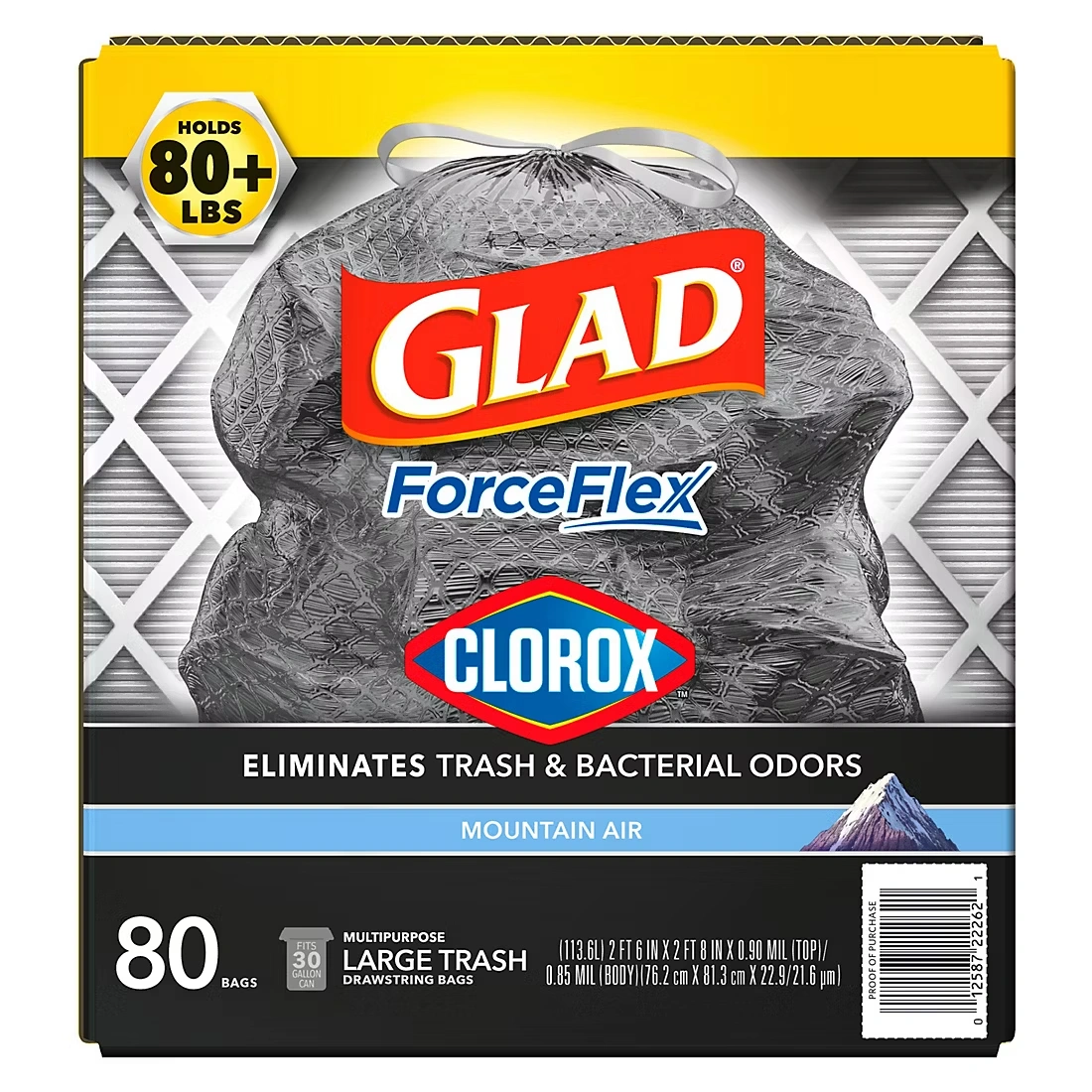 Glad ForceFlex with Clorox Large Trash Bags - Mountain Air Scent, 80 ct./30 gal.