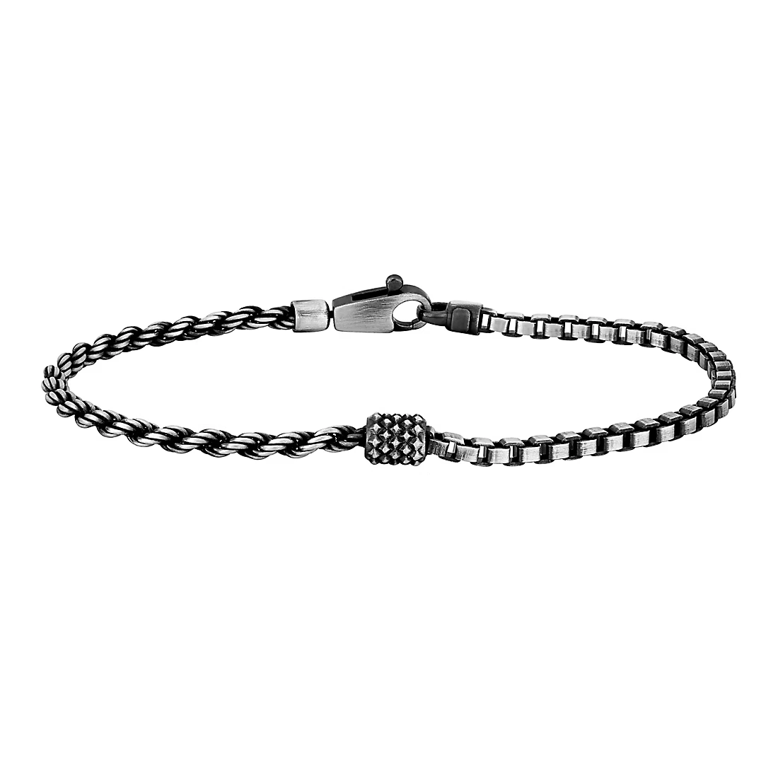 Men's Silver Oxidized Half Rope+Half Box Bracelet - 9\"