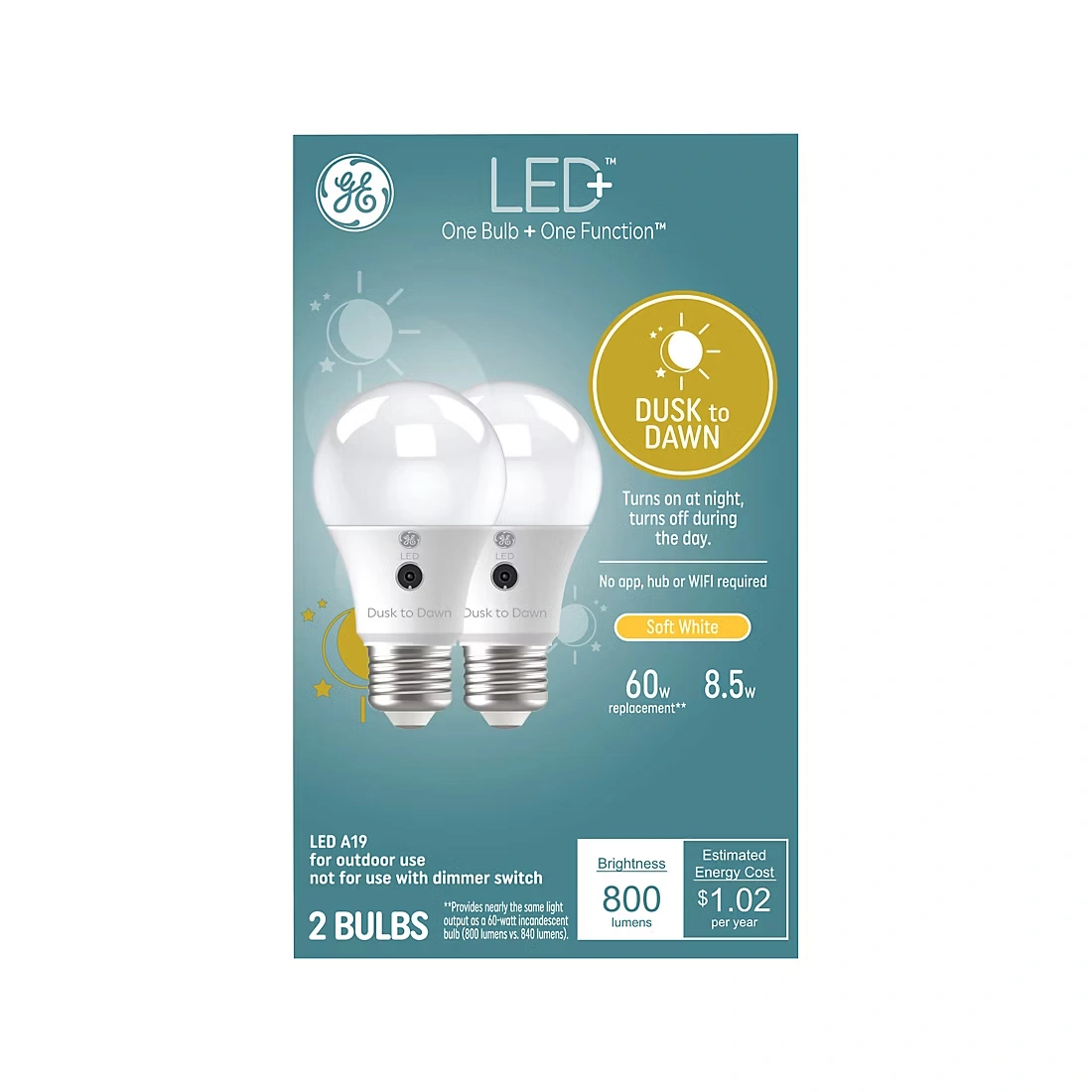 GE 8.5W LED+ A19 Light Bulbs, 2 pk. – Dusk to Dawn