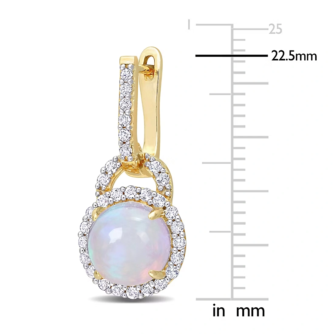Blue Ethiopian Opal and White Topaz Halo Charm Huggie Earrings in Yellow Plated Sterling Silver