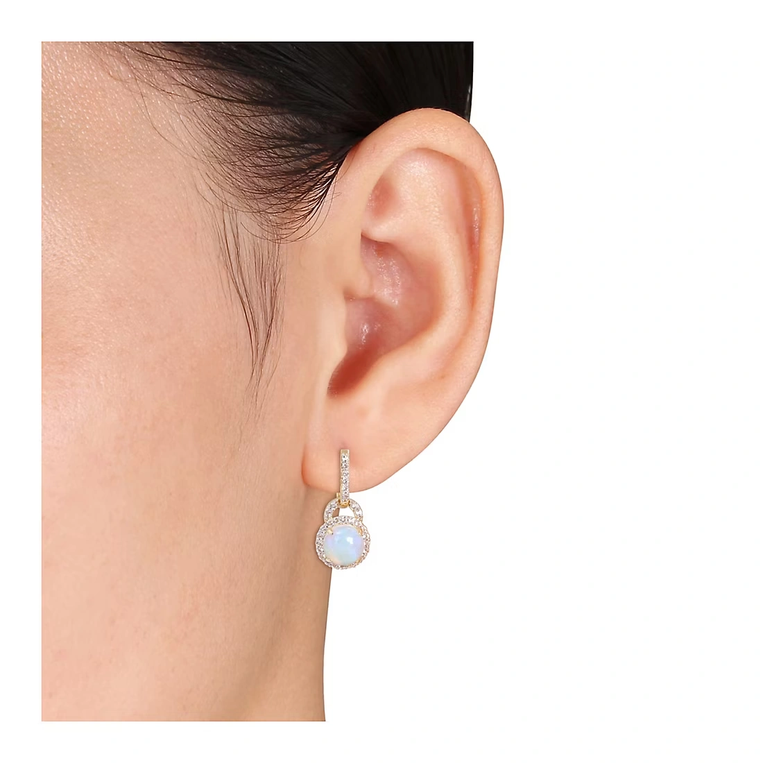 Blue Ethiopian Opal and White Topaz Halo Charm Huggie Earrings in Yellow Plated Sterling Silver