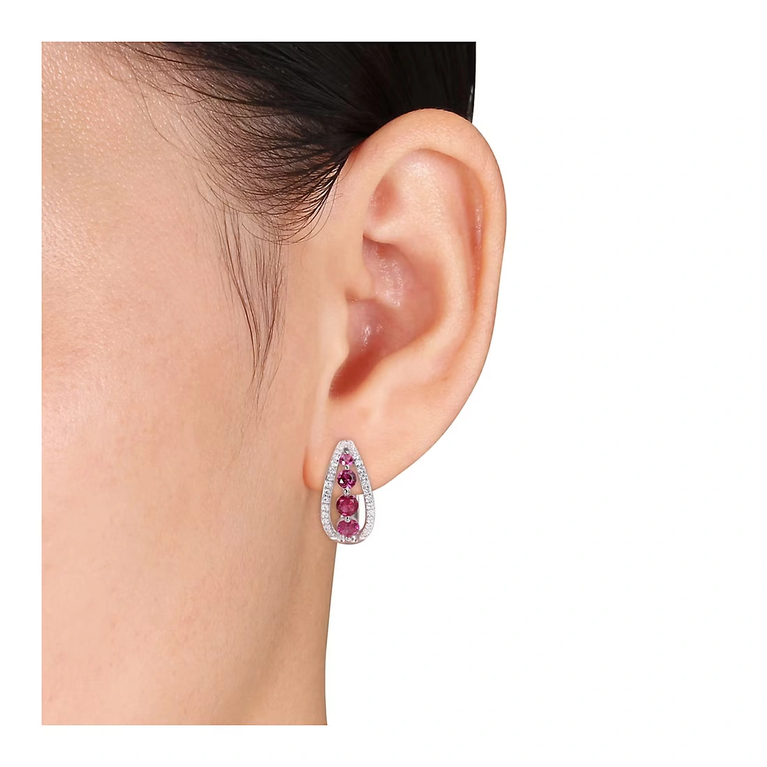1.75 ct. t.g.w Created Ruby and .50 ct. t.w. Lab Grown Diamond Hoop Earrings in 14k White Gold