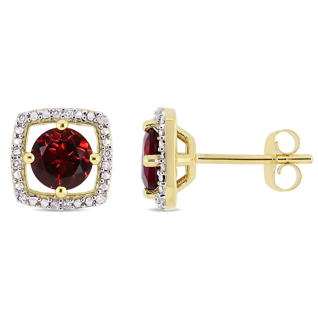 1 1/5 ct. TGW Garnet and Diamond Halo Square Stud Earrings in 10k Yellow Gold
