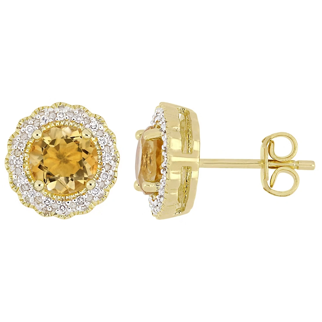 .1 ct. t.w. Diamond and Citrine Halo Stud Earrings in Yellow Plated Sterling Silver