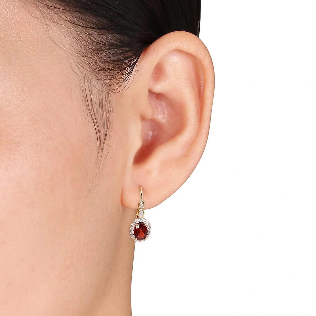 2 3/4 ct. TGW Oval Shape Garnet, White Topaz, and Diamond Accent Vintage Leverback Earrings in 14k Yellow Gold