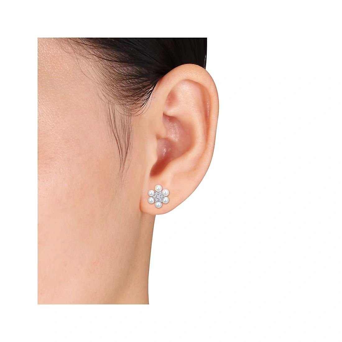 Cultured Freshwater Pearl and .3 ct. TGW Created White Sapphire Flower Cluster Stud Earrings in Sterling Silver