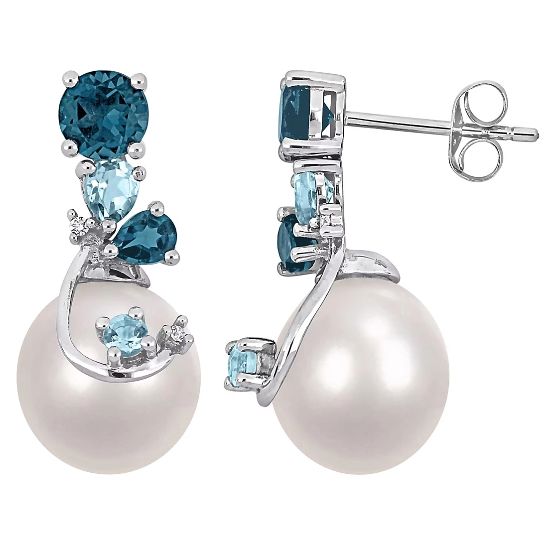 Cultured Freshwater Pearl Blue Topaz and Diamond Accent Drop Earrings in Sterling Silver