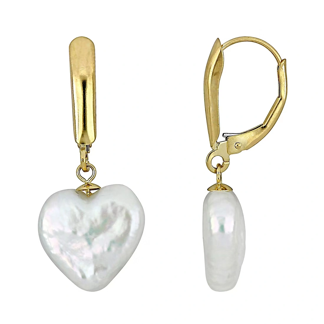 Cultured Freshwater Pearl Heart Leverback Drop Earrings in 14k Yellow Gold