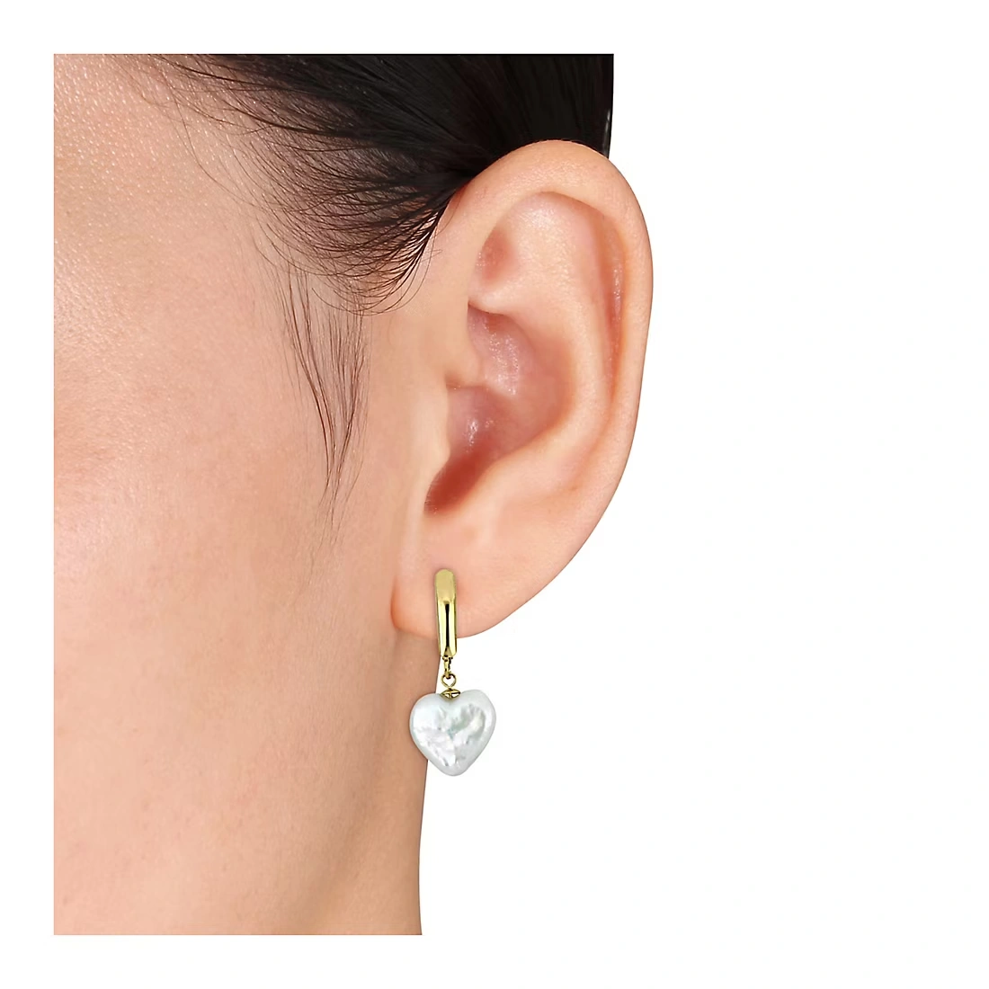 Cultured Freshwater Pearl Heart Leverback Drop Earrings in 14k Yellow Gold