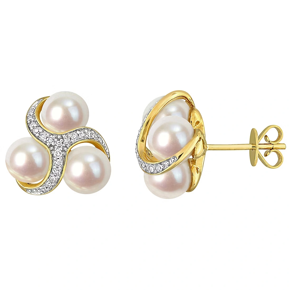 Cultured Freshwater Pearl and t.w. Diamond Swirl Stud Earrings in 14k Yellow Gold