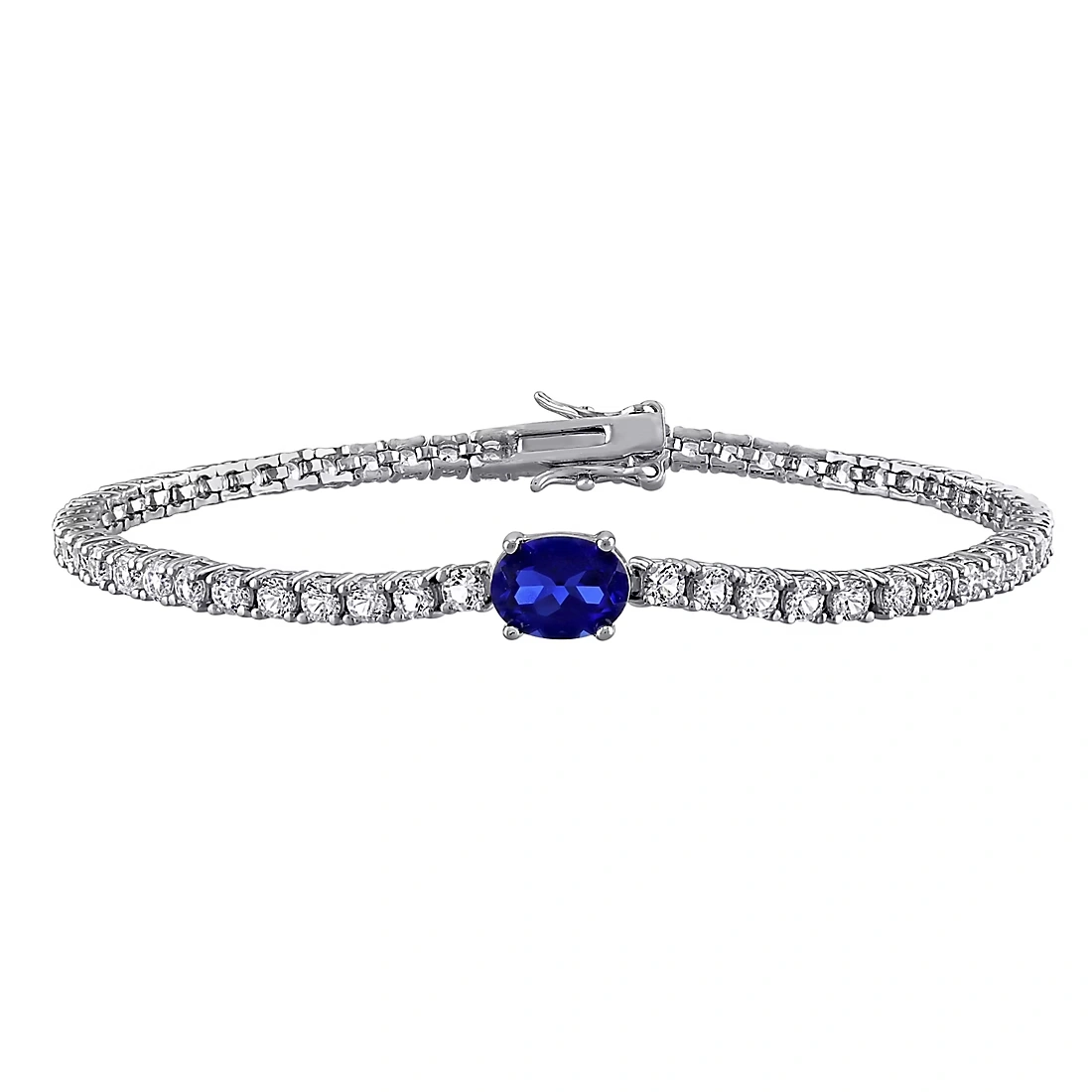 Created Blue & White Sapphire Solitaire Tennis Bracelet in Sterling Silver